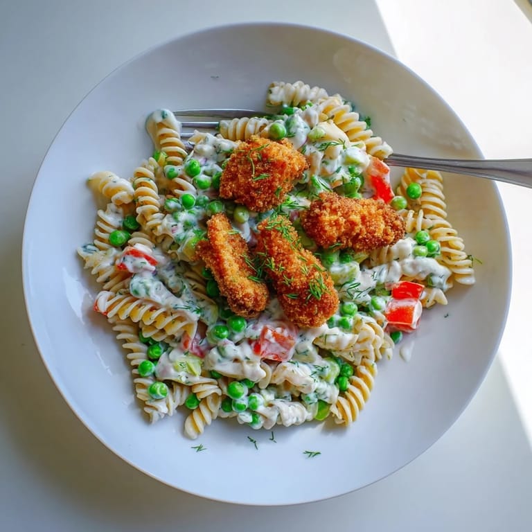 Serving suggestion for Crispy Chicken Ranch Pasta Salad, a colorful bowl perfect for picnics, potlucks, or lunch, garnished with green onions and fresh herbs.