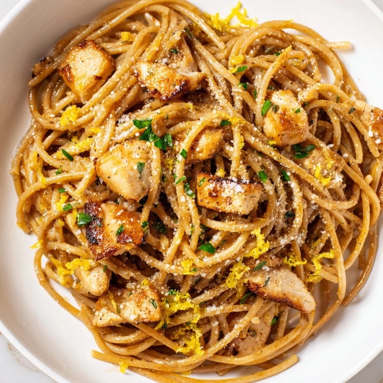 Steaming plate of Brown Butter Lemon Chicken Pasta featuring tender chicken, parmesan, and lemon wedges beside a crisp green salad.