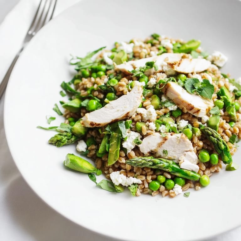 Freshly assembled Warm Spring Farro Chicken Salad with juicy chicken, crisp asparagus, peas, and arugula tossed in zesty lemon vinaigrette, garnished with parsley and mint.