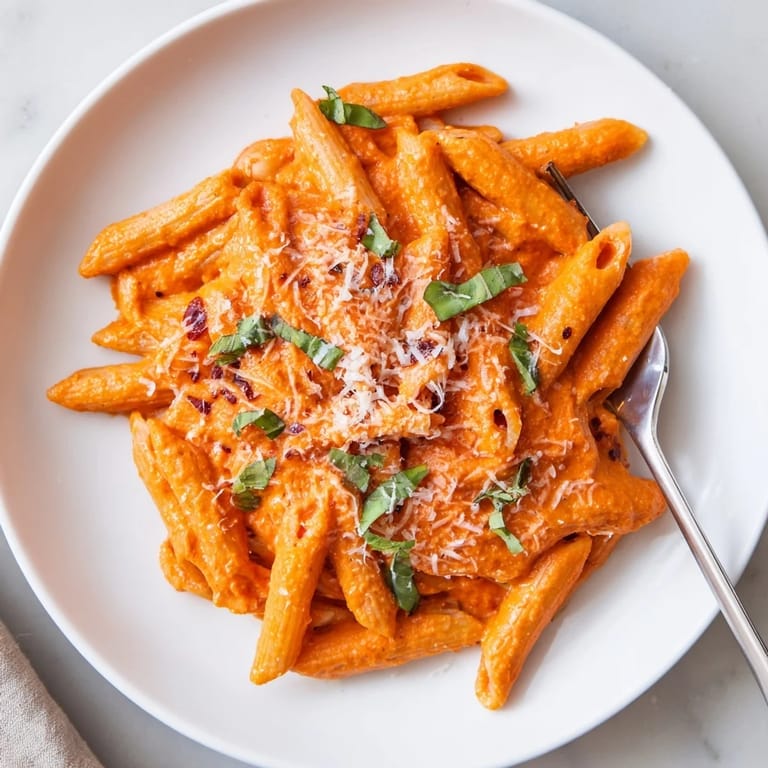 Steaming bowl of Creamy Roasted Red Pepper Pasta topped with chopped basil.