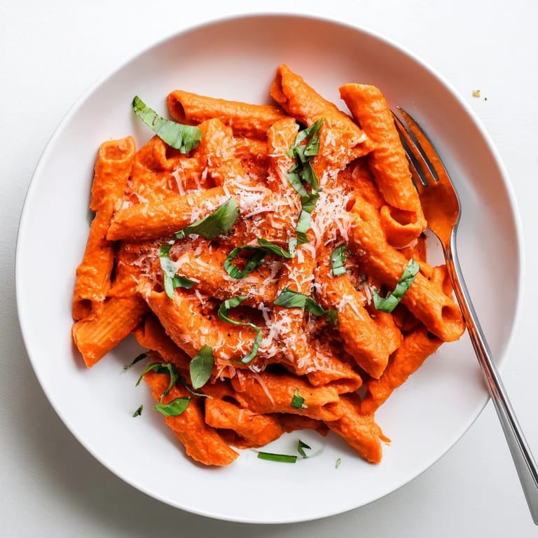 A close-up shot of Creamy Roasted Red Pepper Pasta in a rustic white bowl.  