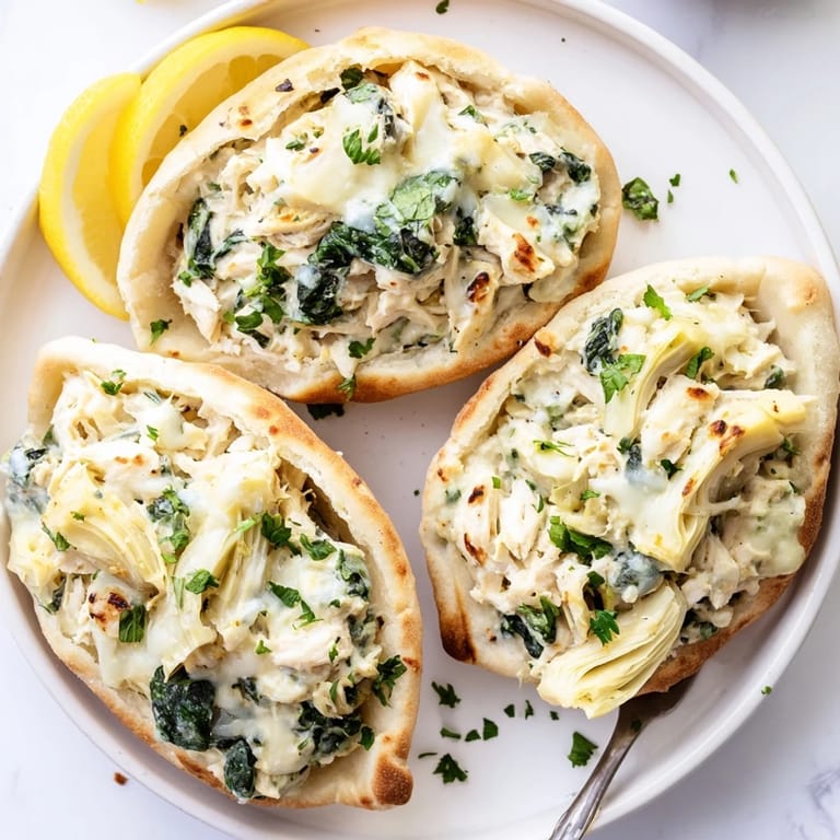 Close-up of warm Spinach Artichoke Chicken Stuffed Pita with melty mozzarella and vibrant green spinach filling.