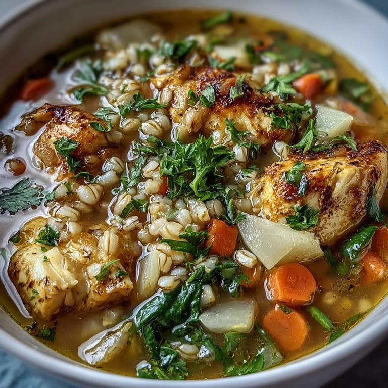 Close-up view of tender chicken, carrots, and creamy pearl barley swimming in a vibrant, golden turmeric broth.