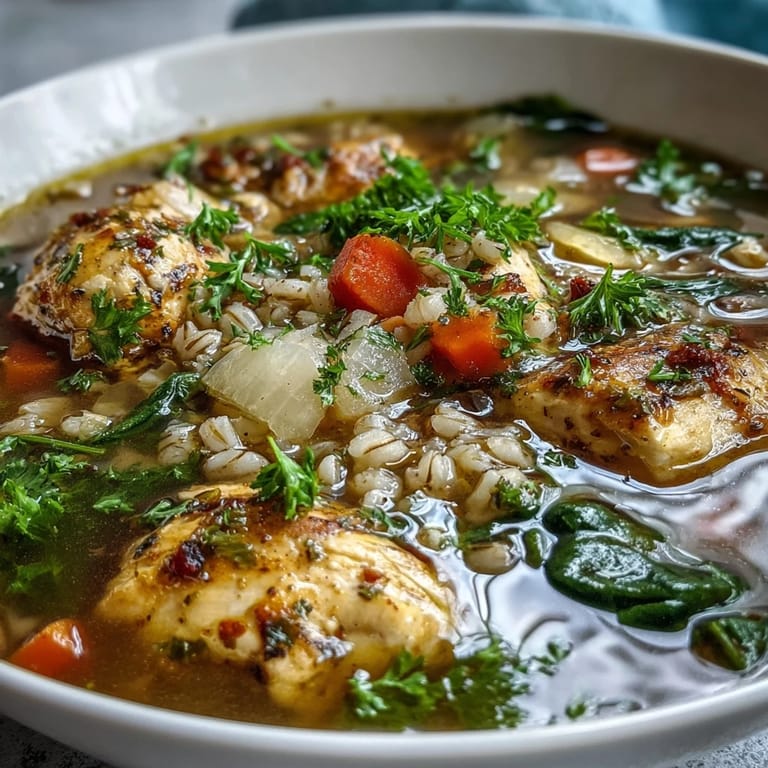 Serving suggestion for Soothing Turmeric Chicken With Pearl Barley, paired with crusty artisan bread on a rustic table.
