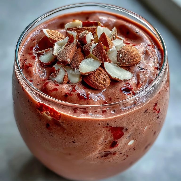 A refreshing glass of Cherry Almond Smoothie, perfect for a summer morning or post-workout fuel.