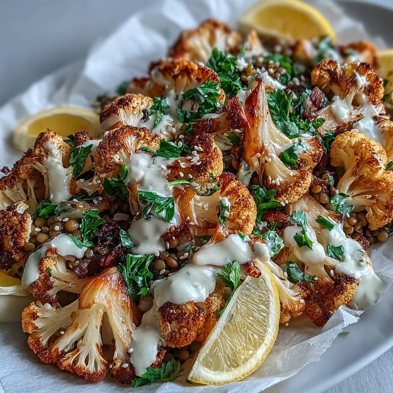 Golden roasted cauliflower florets atop lemony lentils with creamy cumin tahini yogurt, served with lemon wedges.  