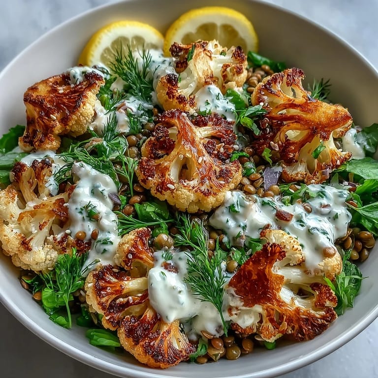 A vibrant vegetarian bowl featuring caramelized cauliflower, zesty lemon lentils, and smooth cumin tahini yogurt.