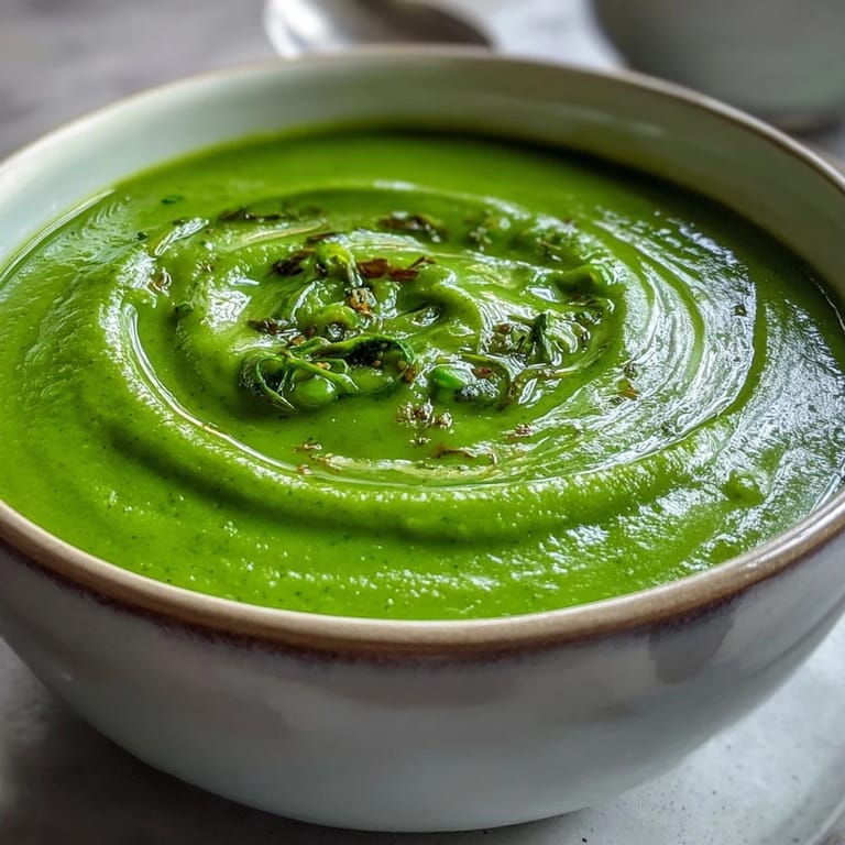 Vibrant spring Courgette, Pea and Pesto Soup served with crusty bread for a light, satisfying vegetarian meal.