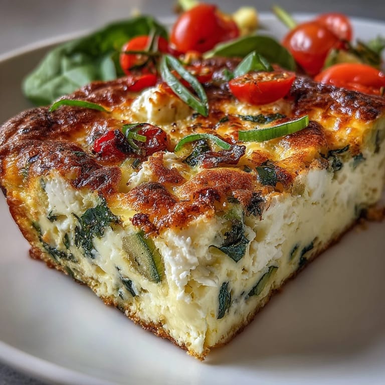 Sliced High-Protein Sheet Pan Eggs With Cottage Cheese and Veggies on a cutting board, garnished with fresh chives and ready to serve for breakfast.