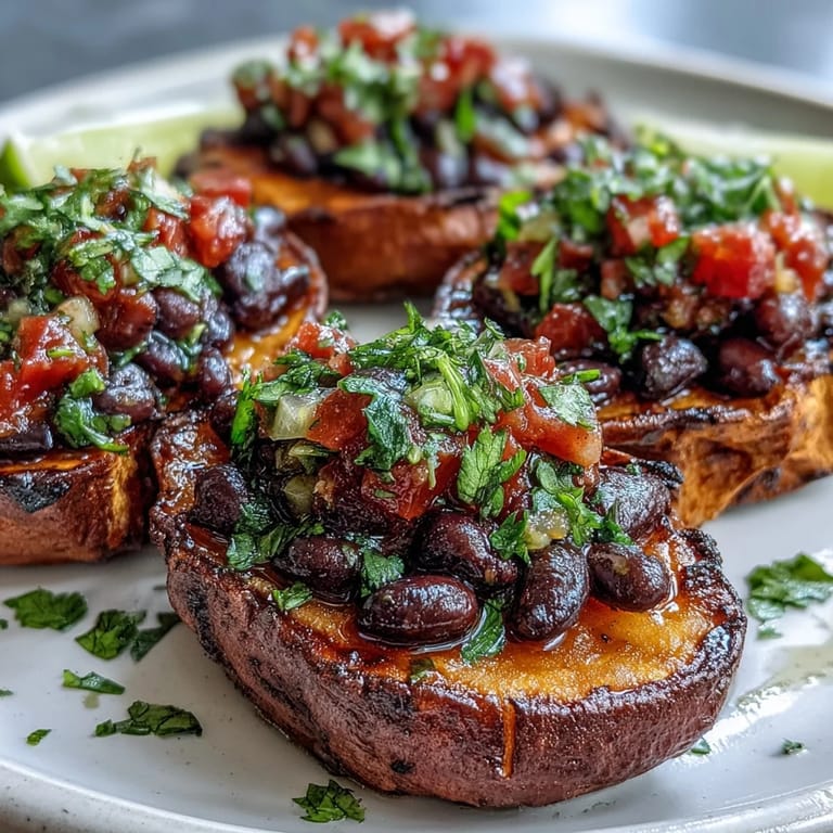 Roasted sweet potatoes are split open, filled with smoky chipotle black beans, and topped with fresh zesty tomato salsa.