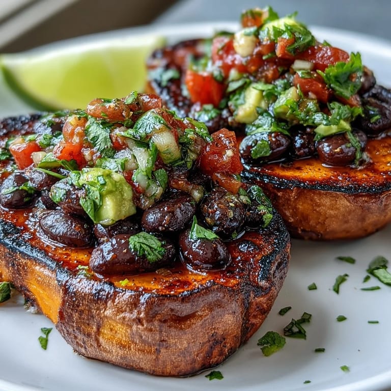 A vibrant, fiber-rich dish of roasted sweet potatoes topped with smoky chipotle black beans and fresh zesty tomato salsa.