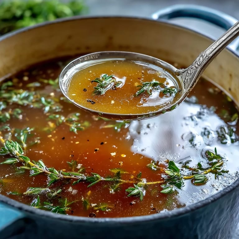 A close-up of simmering Vegetable Broth From Scraps in a pot, featuring bay leaf and peppercorns in rich broth.