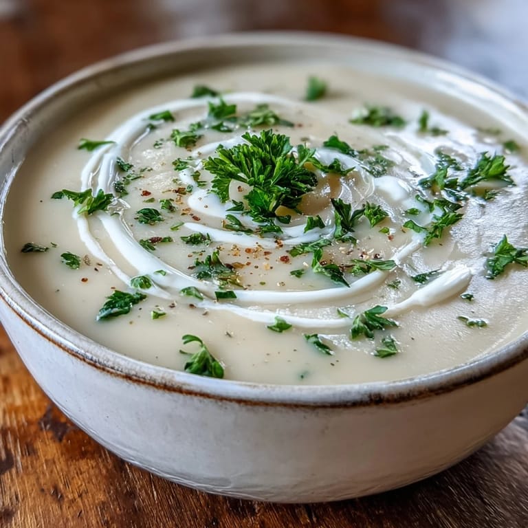Silky Creamy Celery Root Bisque steaming in a rustic bowl, topped with fresh parsley and a swirl of cream. 