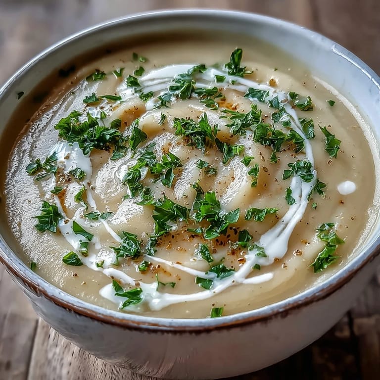 A refined Creamy Celery Root Bisque served in a porcelain bowl, garnished with chives and a slice of crusty bread.