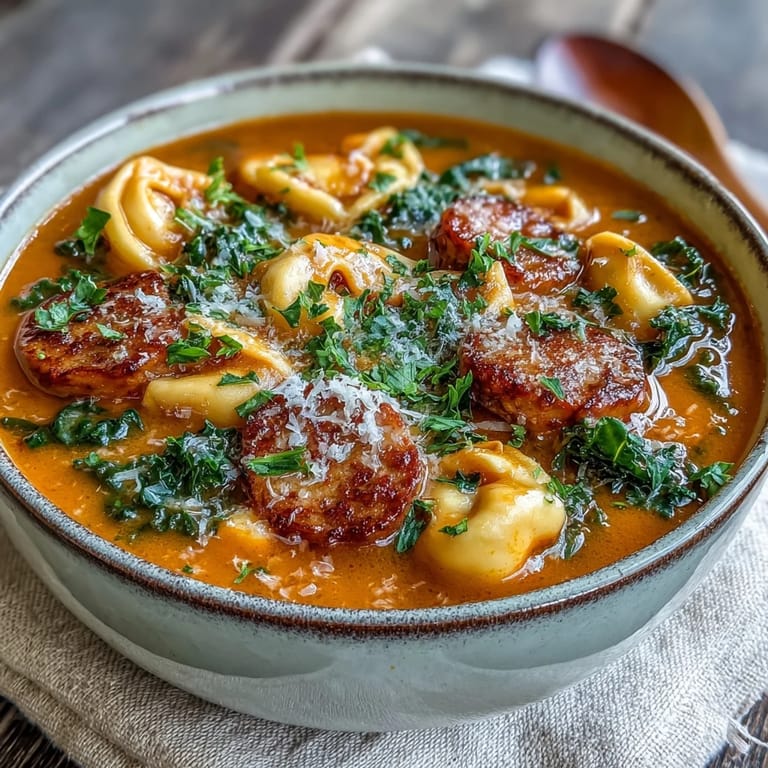 Golden Pumpkin Tortellini Soup with chicken sausage and kale ladled into a white bowl, ready to enjoy.