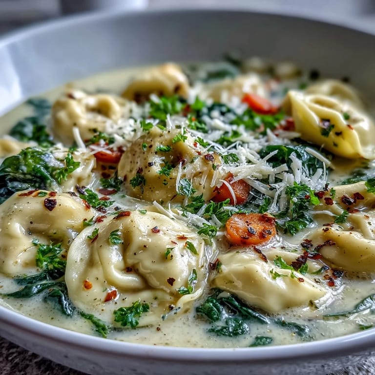 A rustic wooden table displays a bowl of Easy Tortellini Soup with Chicken Broth, crusty bread, and fresh herbs.
