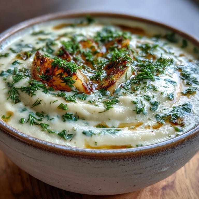 Roasted parsnip and herb soup topped with fresh parsley and a swirl of cream.