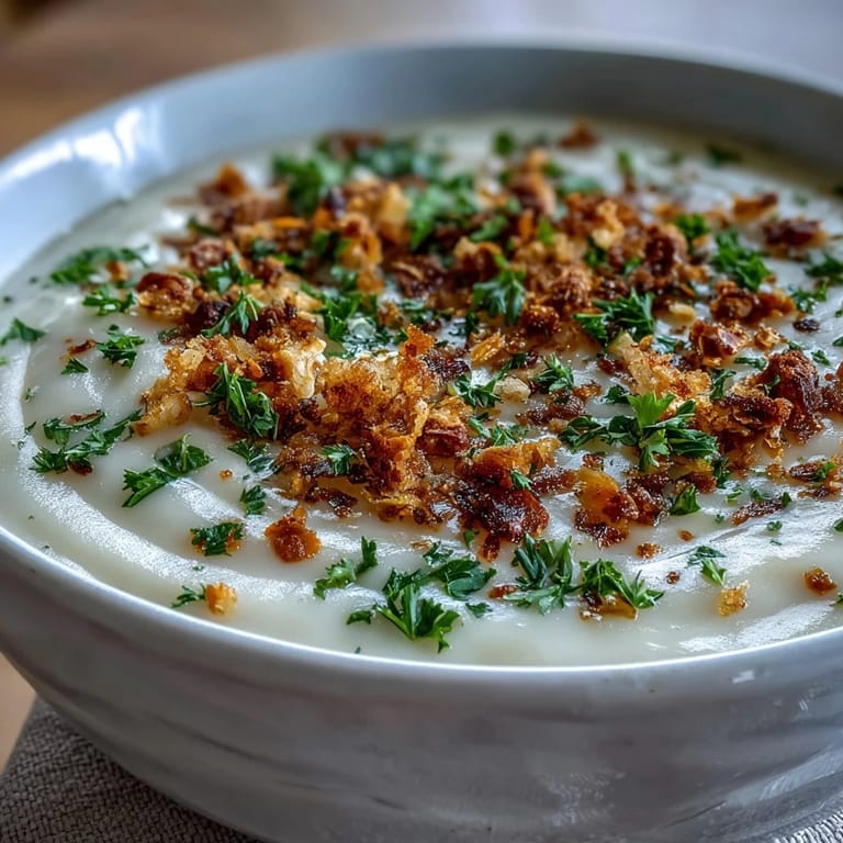 Roasted celeriac blends into silky Celeriac Soup With Hazelnut Crumble, topped with crunchy toasted nuts and fresh parsley.