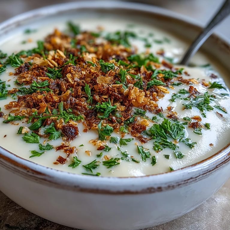 A close-up of Celeriac Soup With Hazelnut Crumble beside warm crusty bread, ready for a cozy vegetarian dinner.