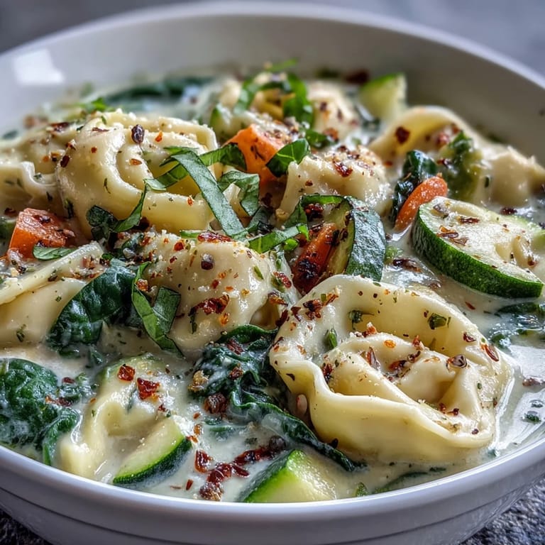 A close-up of Creamy Vegetable Tortellini Soup reveals tender cheese tortellini and fresh vegetables, garnished with Parmesan and herbs in a white bowl.