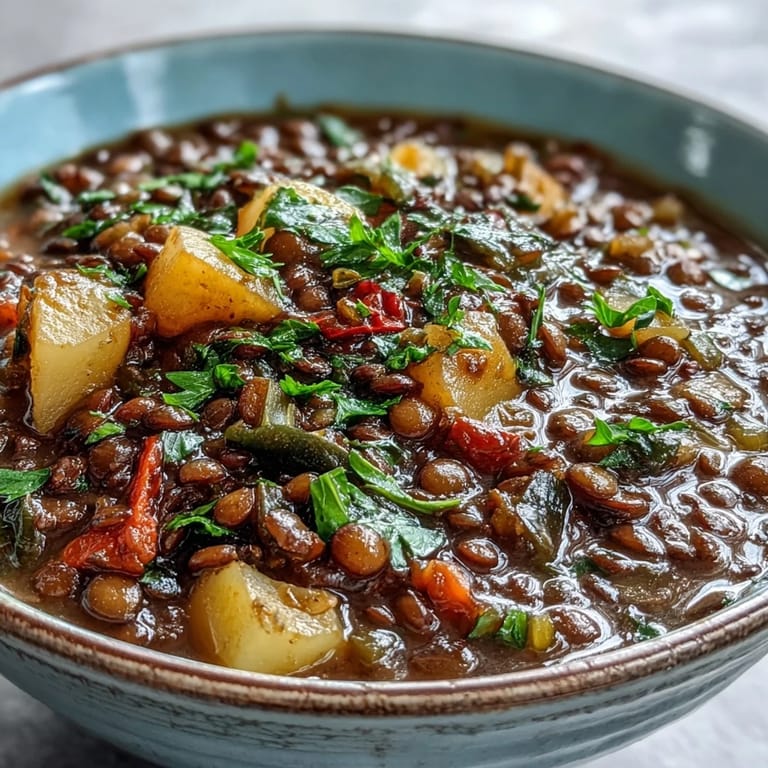 Rich, colorful Vegetarian Lentil Stew with tender potatoes and spinach in a hearty tomato-based broth, served in a ceramic dish.