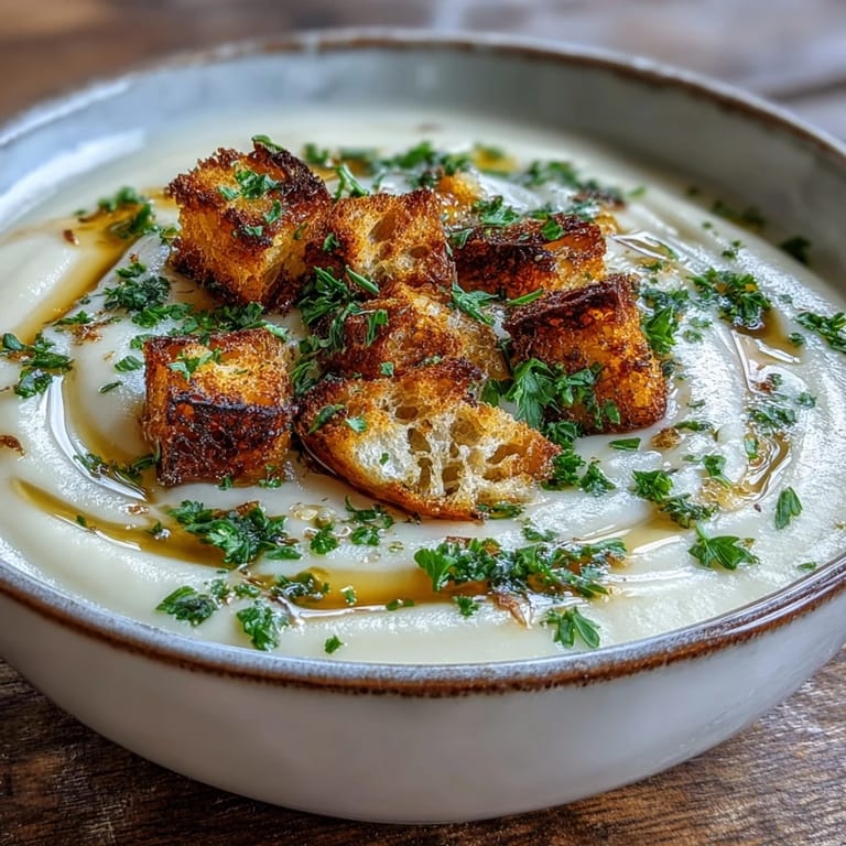 Roasted garlic soup simmering in a pot, blended until velvety smooth with thyme and cream.