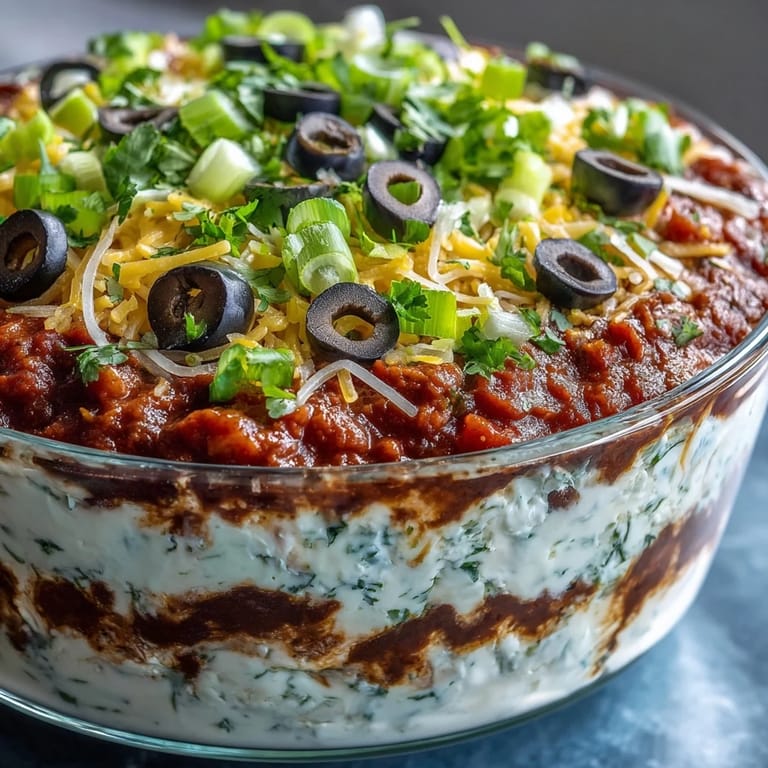 Colorful 4-Way Layered Dip topped with olives, green peppers, and green onions, ready to serve.