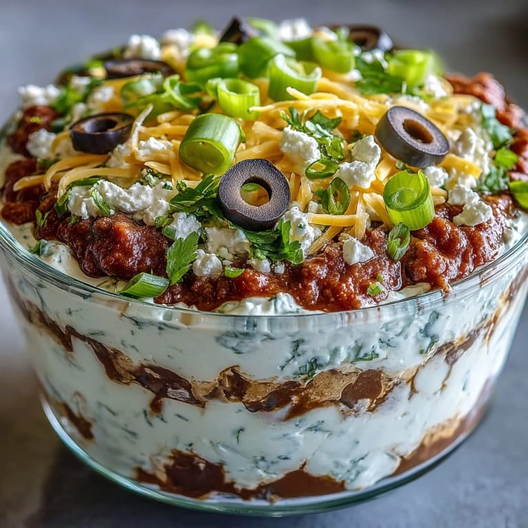 Appetizer spread of 4-Way Layered Dip with sturdy tortilla chips for scooping the Tex-Mex layers.
