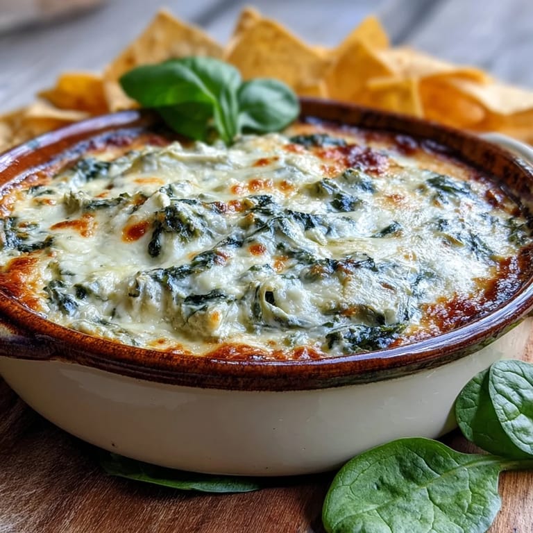 A warm bowl of homemade spinach artichoke dip, creamy with visible greens, served beside crisp pita bread wedges. 