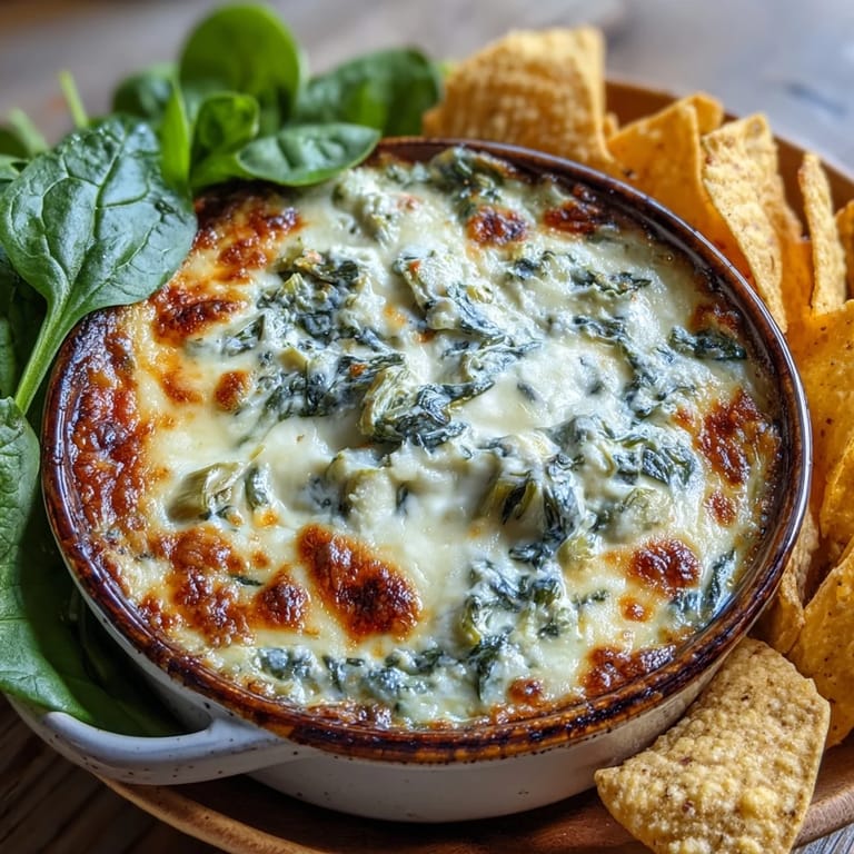 Golden, cheesy spinach artichoke dip cooling in a baking dish, garnished with fresh parsley and red pepper flakes.