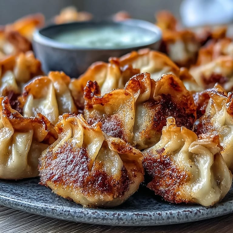A close-up of Smash Dumplings with a golden, crunchy bottom, served with a spicy soy dipping sauce and sesame seeds.