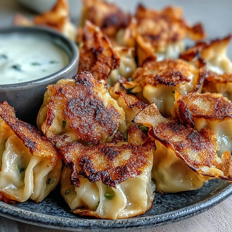 Pan-fried Smash Dumplings on a white plate, garnished with scallions and ready to dip in chili oil.