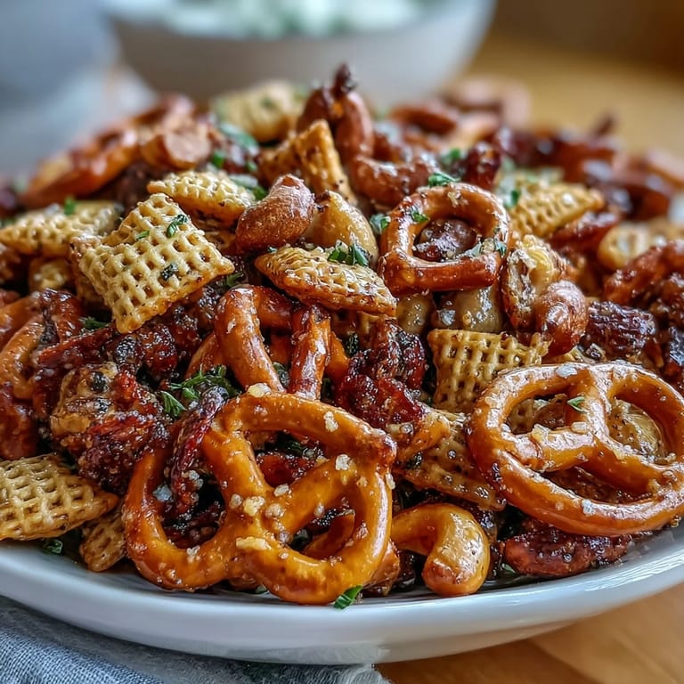 Crunchy Everything Ranch Cheese and Pretzel Snack Mix on a baking sheet, fresh from the oven and ready to share.