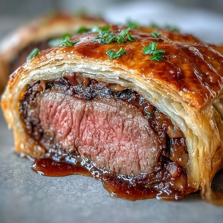 Perfectly baked Beef Wellington showcases crisp puff pastry surrounding tender beef, with fresh thyme and mustard accents nearby.