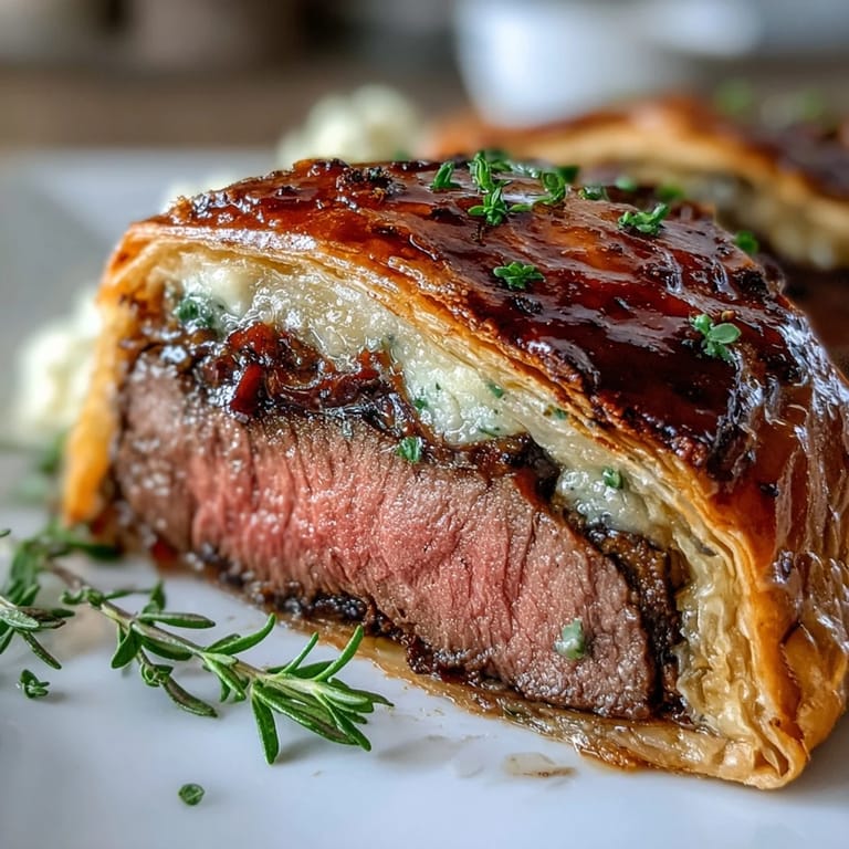 Sliced Beef Wellington plated with red wine jus and rosemary sprigs, a showstopping main course for special dinners.