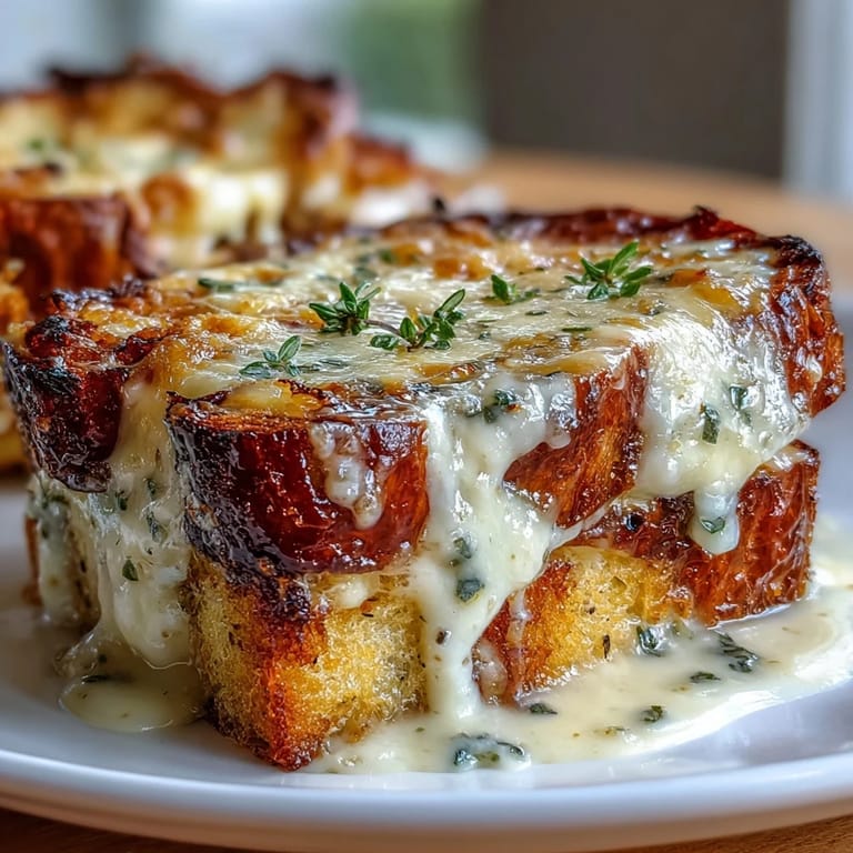 A freshly baked Croque Monsieur Casserole slice on a white plate, showcasing fluffy egg-soaked bread and melted cheese.