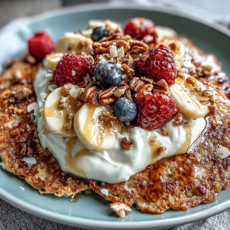 Spoon-ready Protein Pancake Bowl featuring golden pancake chunks, tangy yogurt, and mixed berries for a healthy breakfast.