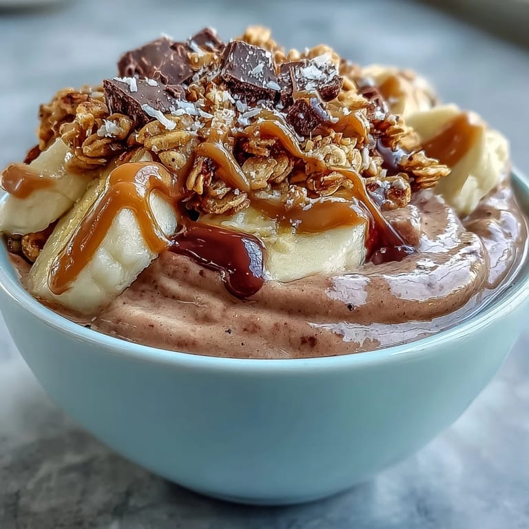 Thick, frosty Chocolate Peanut Butter Smoothie Bowl in a white bowl, loaded with fresh banana slices and crunchy granola.