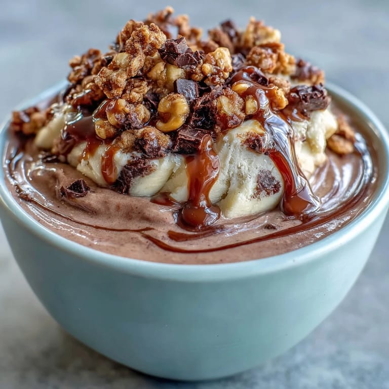 Decadent Chocolate Peanut Butter Smoothie Bowl breakfast served with a spoon, featuring cocoa-rich base and chopped dark chocolate topping.