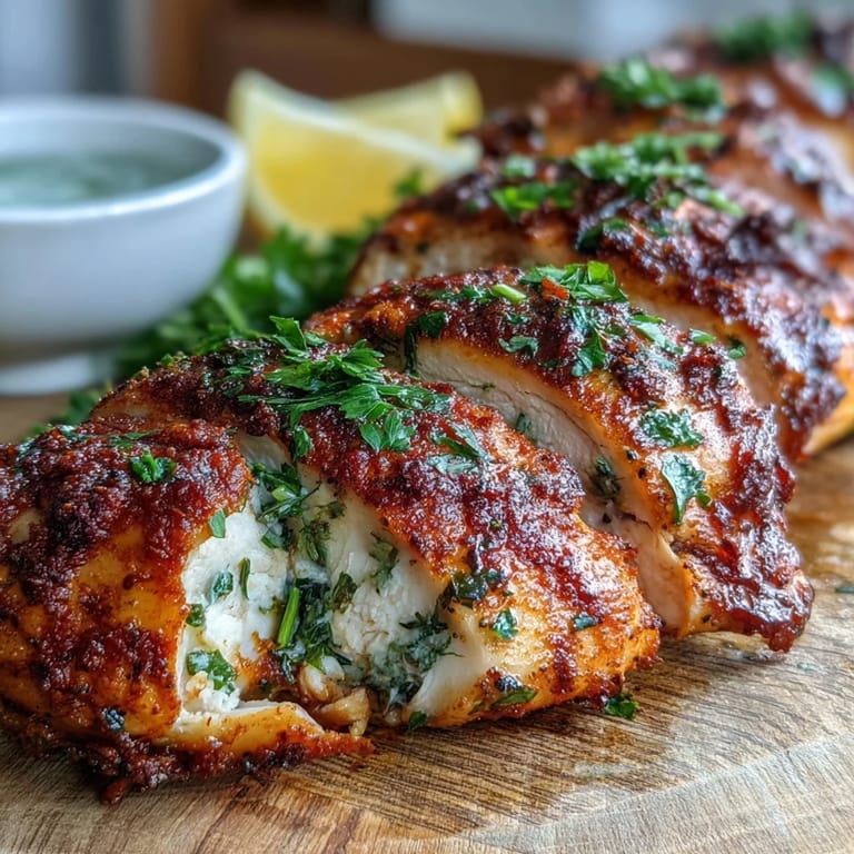 Sliced Oven Baked Chicken Breast revealing tender, steaming interior, plated over a crisp green salad with a drizzle of olive oil.