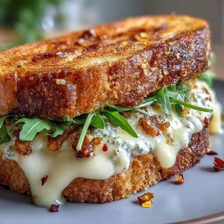 Buttery crisp sourdough grilled cheese packed with tangy goat cheese, sweet honey, and spicy chili flakes, served on a white plate.