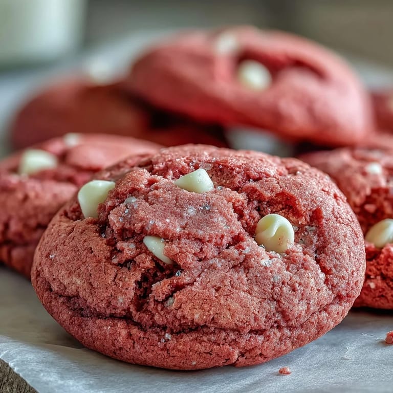 Hand holding a single Pink Velvet Cookie with gooey white chocolate chips, highlighting its chewy texture and cheerful pink color.