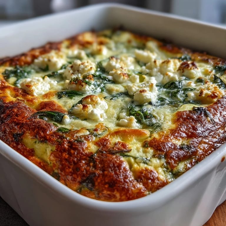 A slice of High Protein Spinach Artichoke Bake on a plate with a fork, revealing creamy cottage cheese, spinach, and artichoke layers.