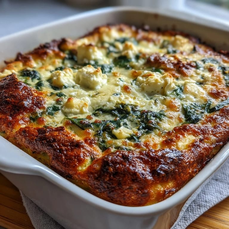 Close-up of High Protein Spinach Artichoke Bake, highlighting melted feta and golden Parmesan topping on a high-protein, meal-prep-friendly side dish.