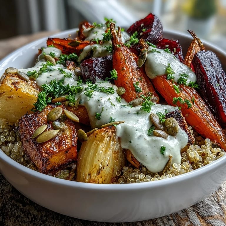 Vibrant roasted root vegetable bowl with golden carrots, beets, and parsley garnish.