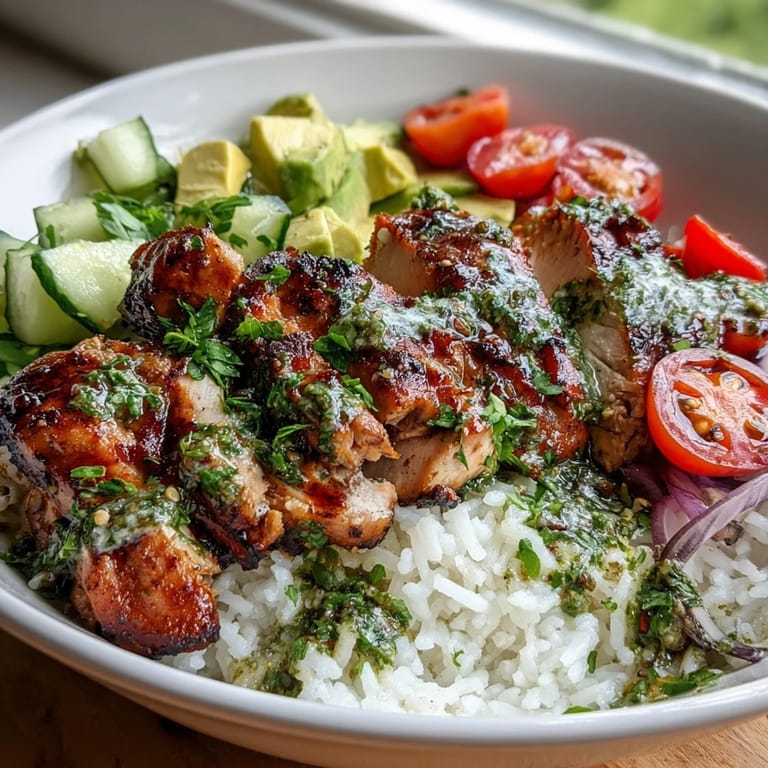Close-up of juicy chimichurri-marinated chicken and colorful salad toppings in a rustic serving bowl.