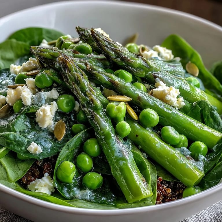 Appetizing Spring Green Bowl featuring layered grains and greens, garnished with herbs and feta, perfect for a healthy lunch.