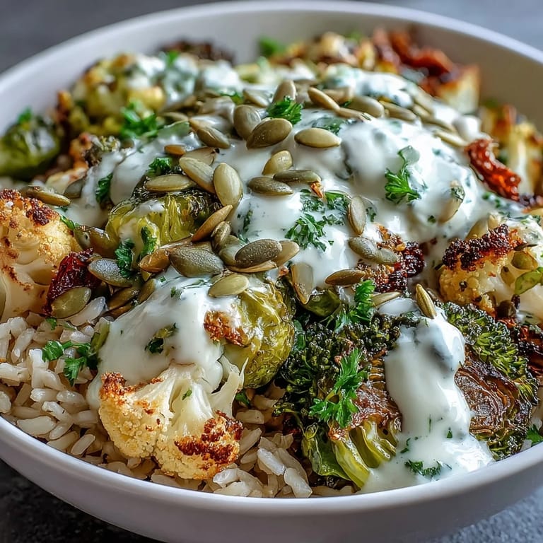 Colorful Roasted Brassica Bowl served warm with a creamy lemon-tahini drizzle, fresh herbs, and optional chili flakes.