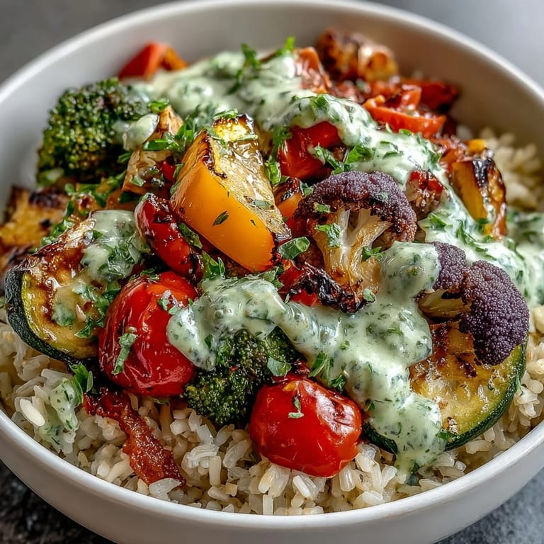 Close-up of a nourishing Rainbow Roasted Vegetable Bowl, showcasing caramelized purple cauliflower, cherry tomatoes, and broccoli over grains with a vibrant green sauce.
