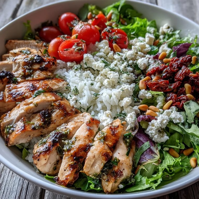 Colorful chopped tomatoes and fresh lettuce top sliced marinated chicken and fluffy rice in this Sun-Dried Tomato Chicken Bowl.